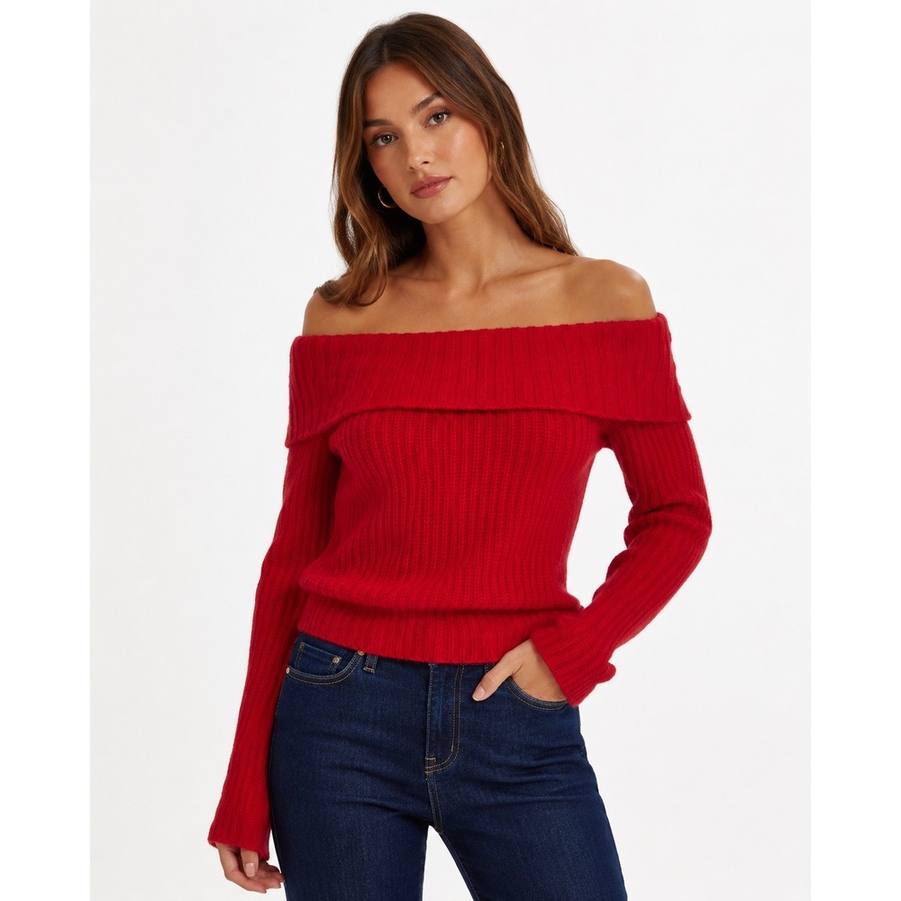 Cosmic Blue Love Womens Off Shoulder‎ Ribbed Sweater Holly Berry Red M NWT